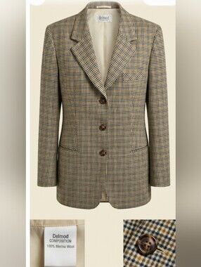 Vintage Delmod 100% Merino Wool Checked Blazer in Cream, Navy & Yellow (Size 10)
